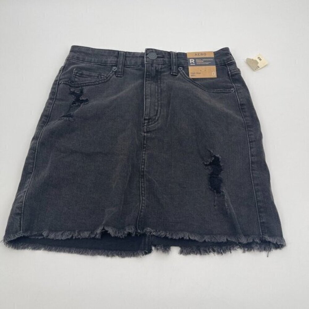 Aeropostale Womens Skirt 0 Black Denim Distressed Raw Hem Fringe High Rise Mini